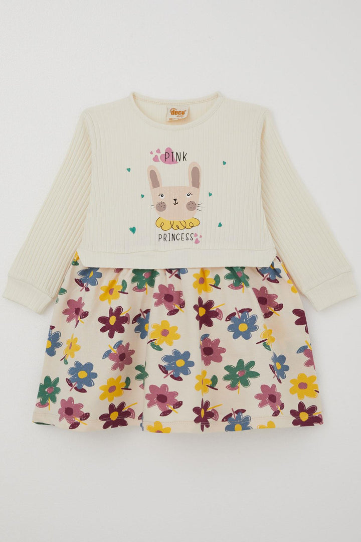 BRE Deco Girl Child Long Sleeve Dress Princess Bunny Printed Skirt with Flower Detail 2-5 Years, Ecru - Romford
