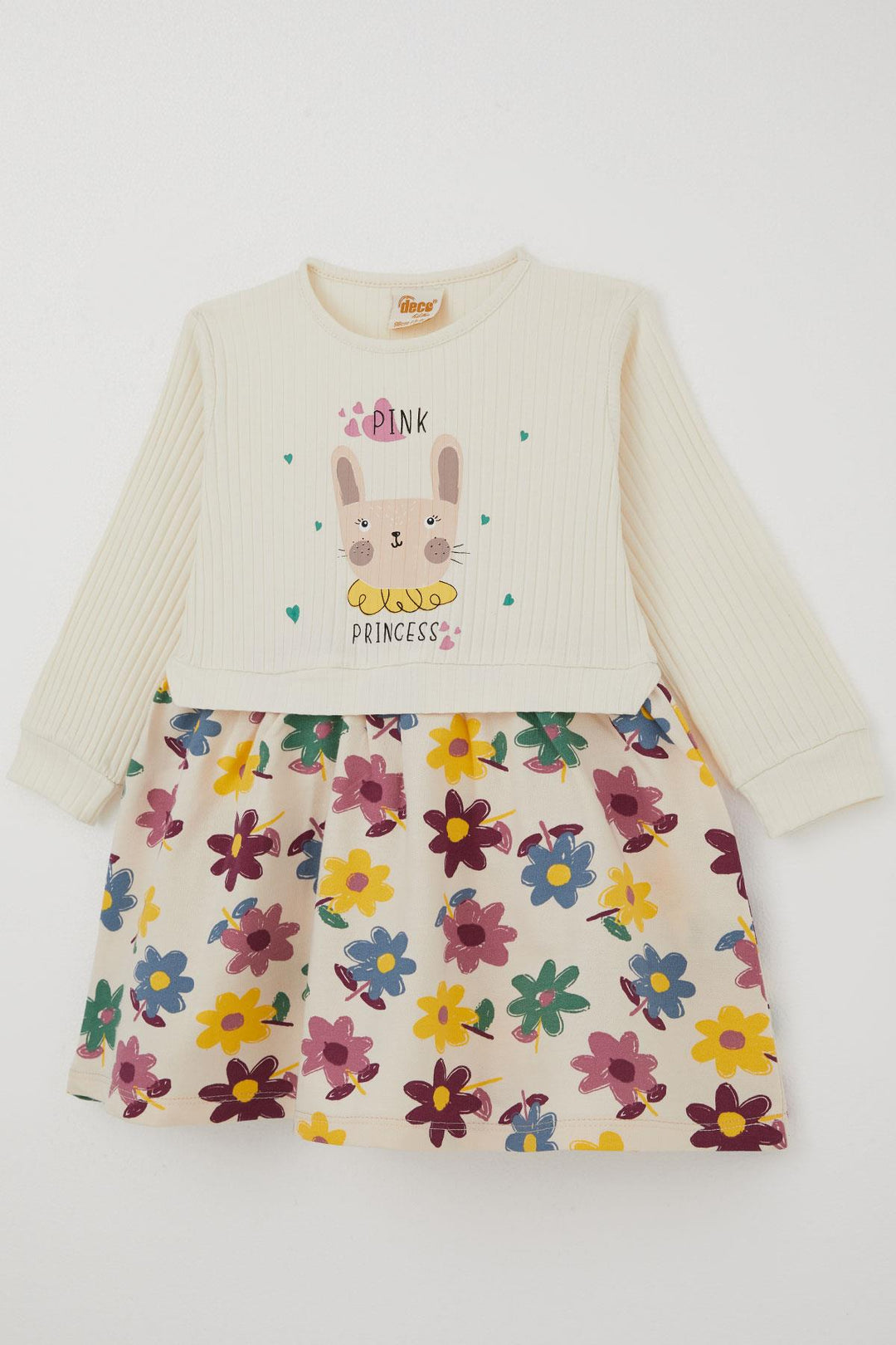 BRE Deco Girl Child Long Sleeve Dress Princess Bunny Printed Skirt with Flower Detail 2-5 Years, Ecru - Romford