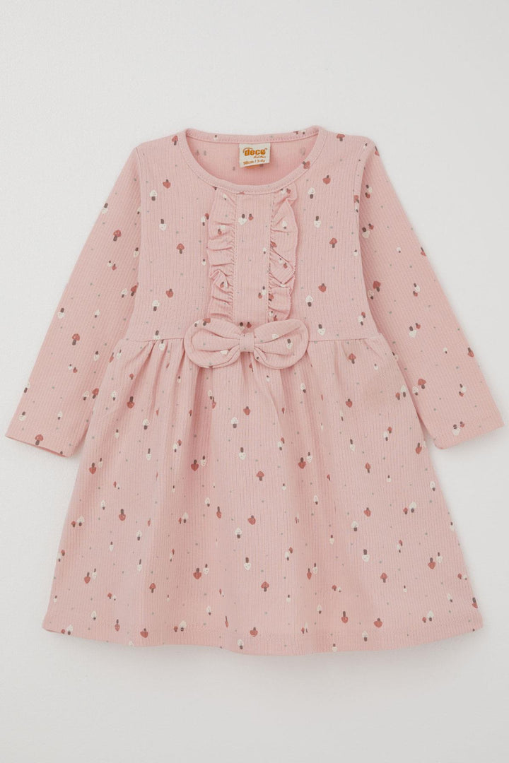 BRE Deco Kız Çocuk Uzun Kollu Elbise Renkli Mantar Bahçesi Fiyonk Aksesuarlı Fırfırlı 2-5 Yaş, Pembe - Mission Bend