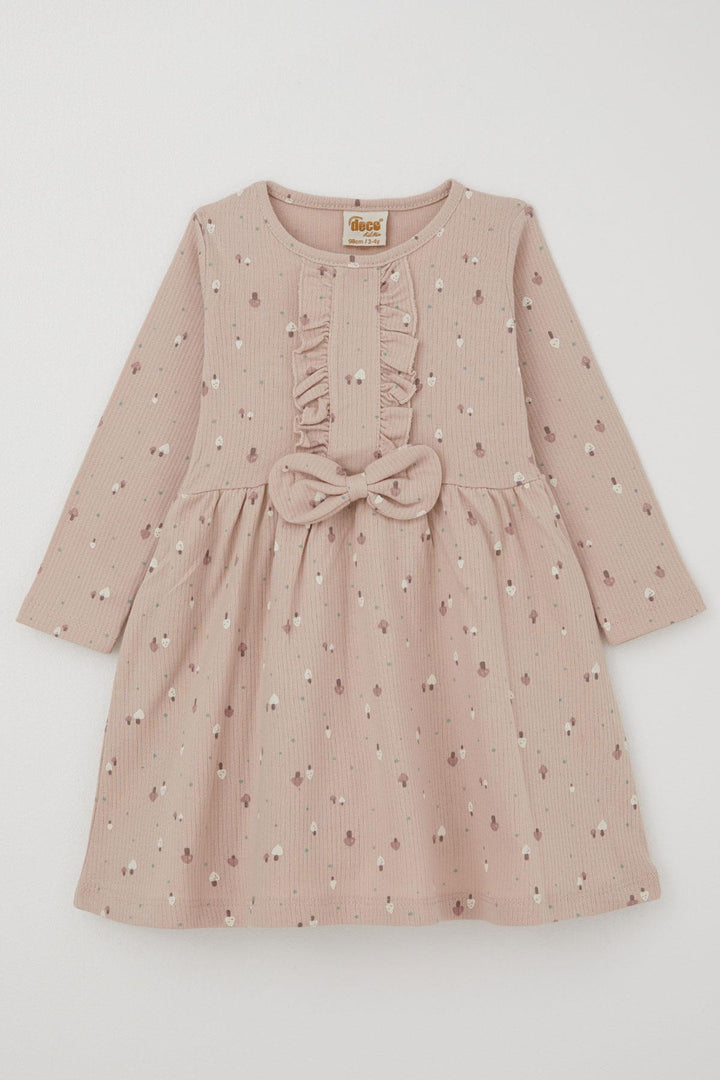 BRE Deco Kız Çocuk Uzun Kollu Elbise Renkli Mantar Bahçesi Fiyonk Aksesuarlı Fırfırlı 2-5 Yaş, Pudra - Penfield