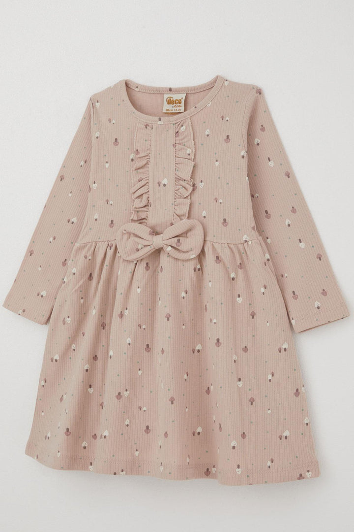 BRE Deco Kız Çocuk Uzun Kollu Elbise Renkli Mantar Bahçesi Fiyonk Aksesuarlı Fırfırlı 2-5 Yaş, Pudra - Penfield