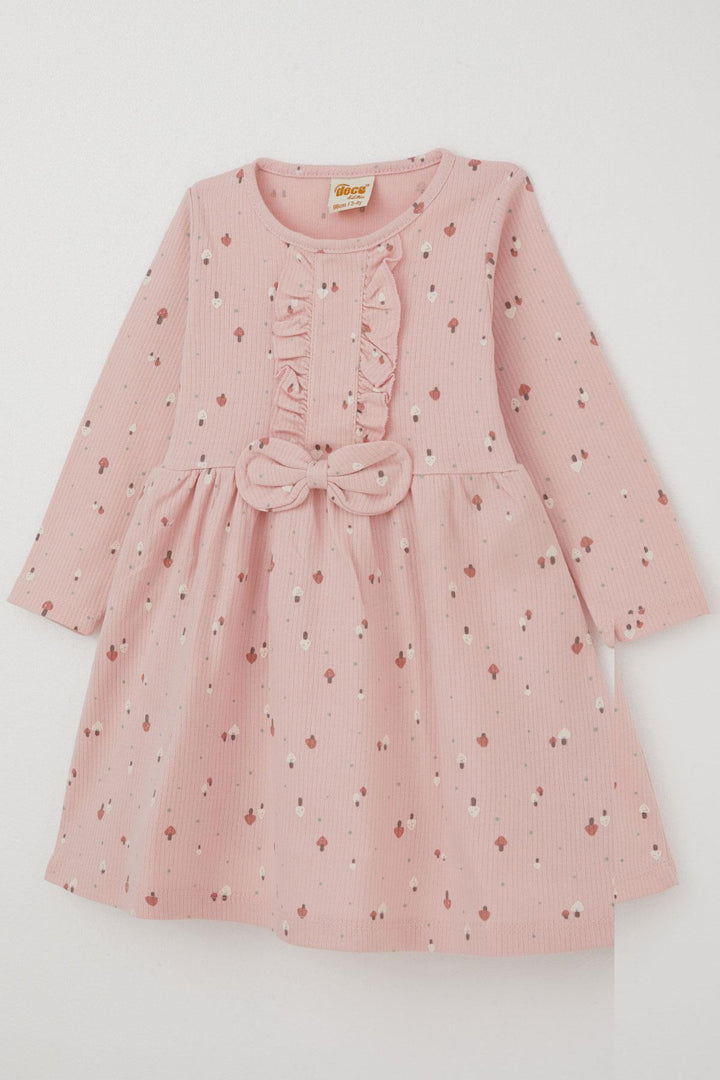 BRE Deco Kız Çocuk Uzun Kollu Elbise Renkli Mantar Bahçesi Fiyonk Aksesuarlı Fırfırlı 2-5 Yaş, Pembe - Mission Bend