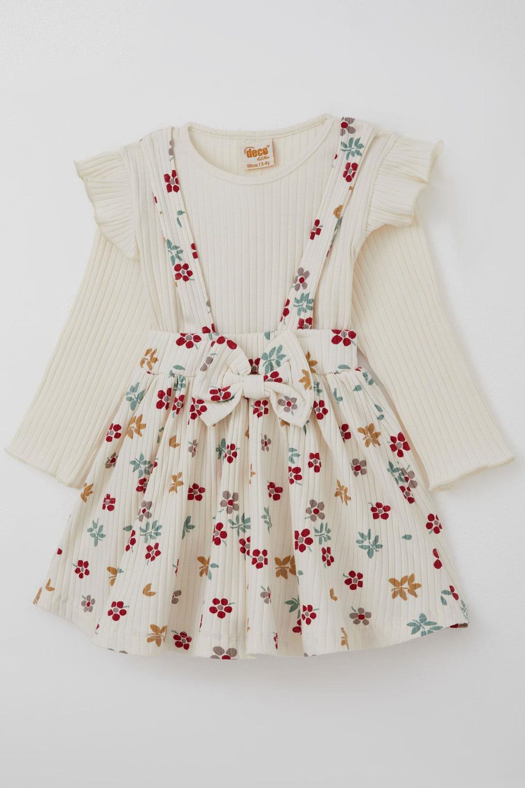 BRE Deco Girl Child Long Sleeve Overall Dress with Flower Pattern Bodysuit Bow Detail 2-5 Years, Ecru - Palaió Fáliro