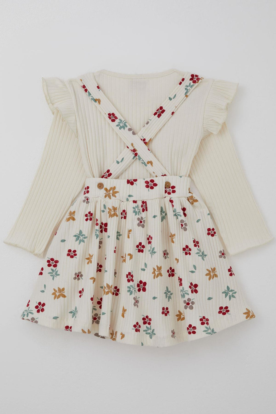 BRE Deco Girl Child Long Sleeve Overall Dress with Flower Pattern Bodysuit Bow Detail 2-5 Years, Ecru - Palaió Fáliro