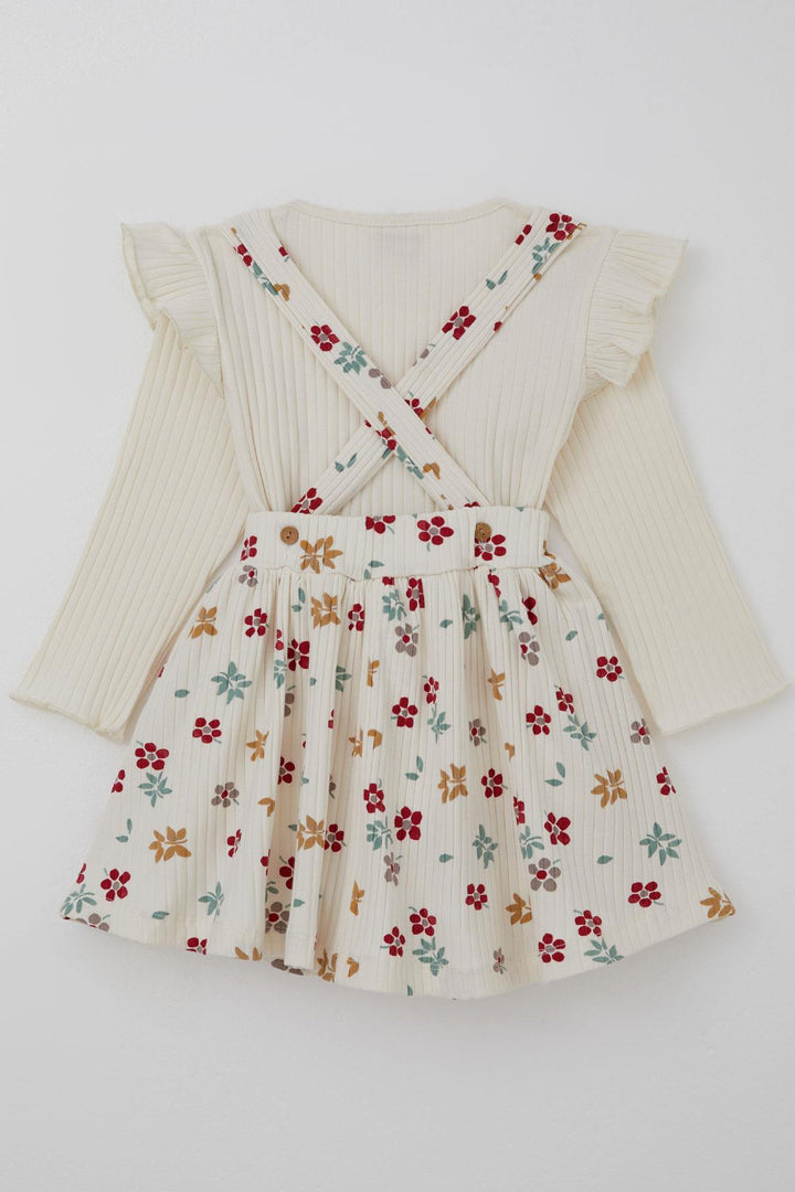 BRE Deco Girl Child Long Sleeve Overall Dress with Flower Pattern Bodysuit Bow Detail 2-5 Years, Ecru - Palaió Fáliro