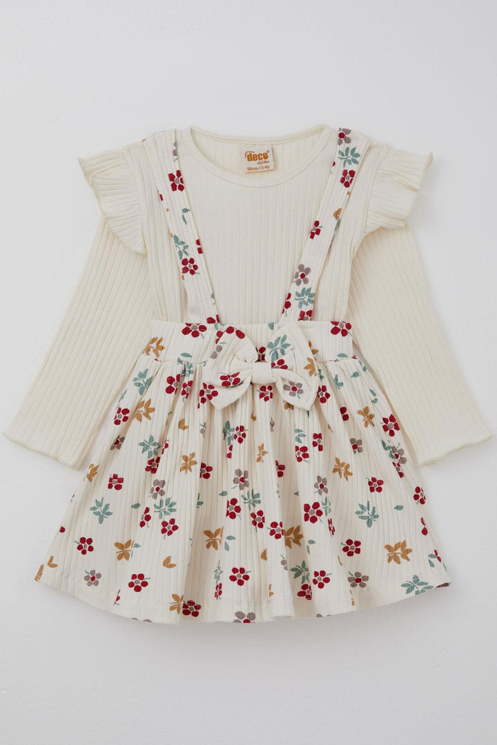 BRE Deco Girl Child Long Sleeve Overall Dress with Flower Pattern Bodysuit Bow Detail 2-5 Years, Ecru - Palaió Fáliro