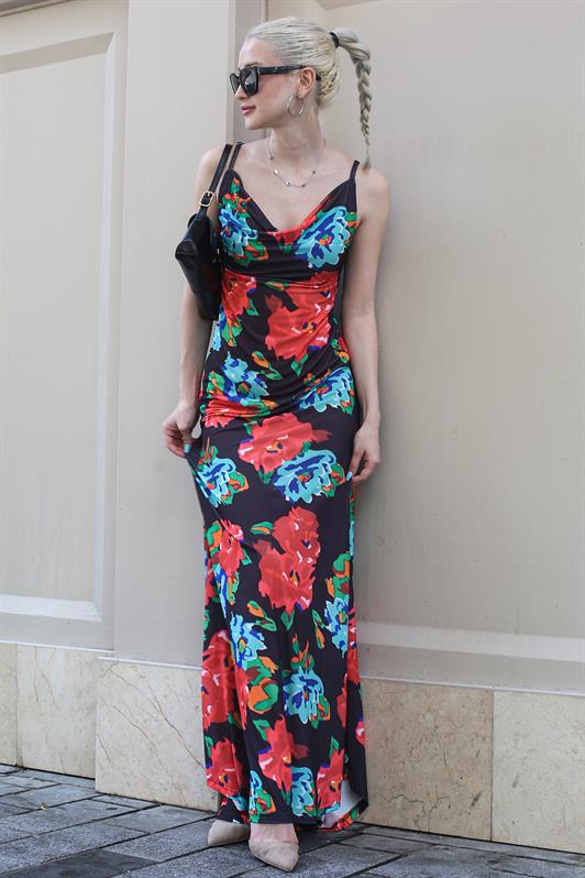 MDX Clearance Neck Multi-Colored Flower Patterned Long Dress MG1730 - Aliso Viejo