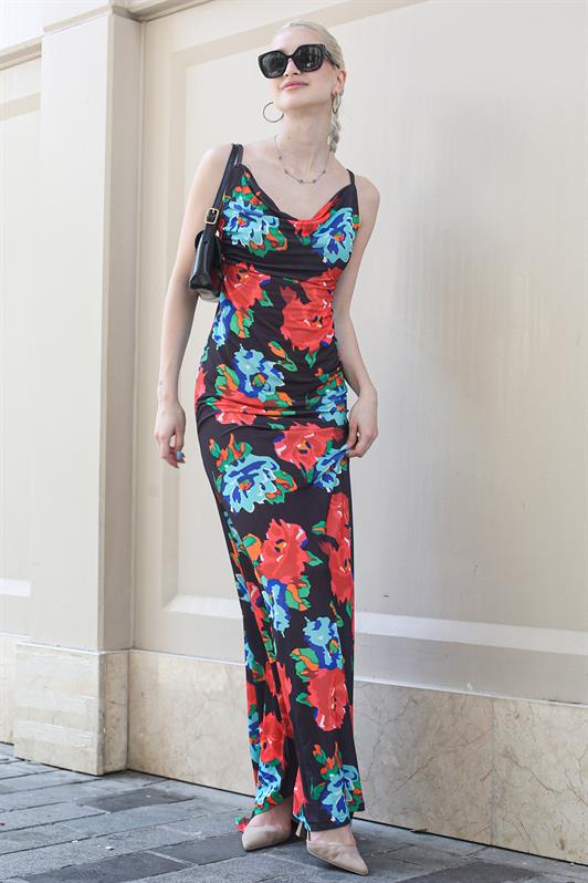 MDX Clearance Neck Multi-Colored Flower Patterned Long Dress MG1730 - Aliso Viejo