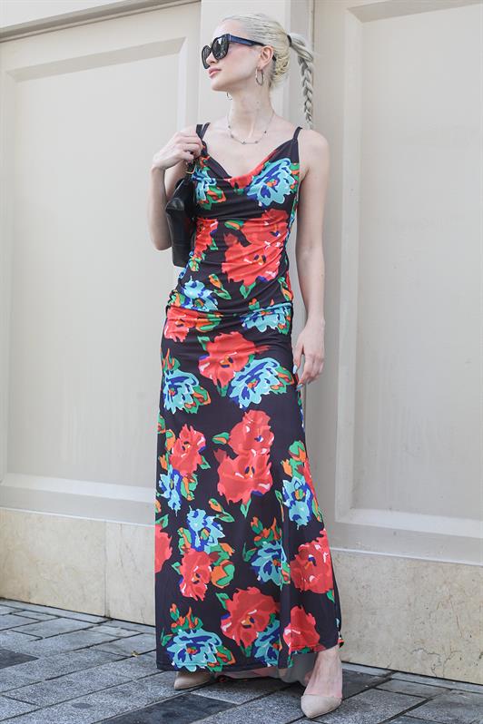 MDX Clearance Neck Multi-Colored Flower Patterned Long Dress MG1730 - Aliso Viejo