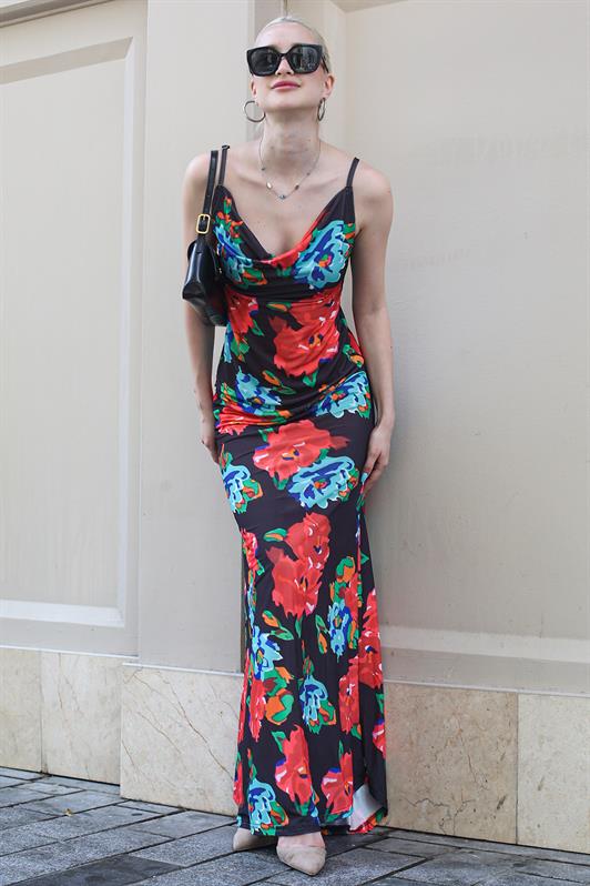 MDX Clearance Neck Multi-Colored Flower Patterned Long Dress MG1730 - Aliso Viejo