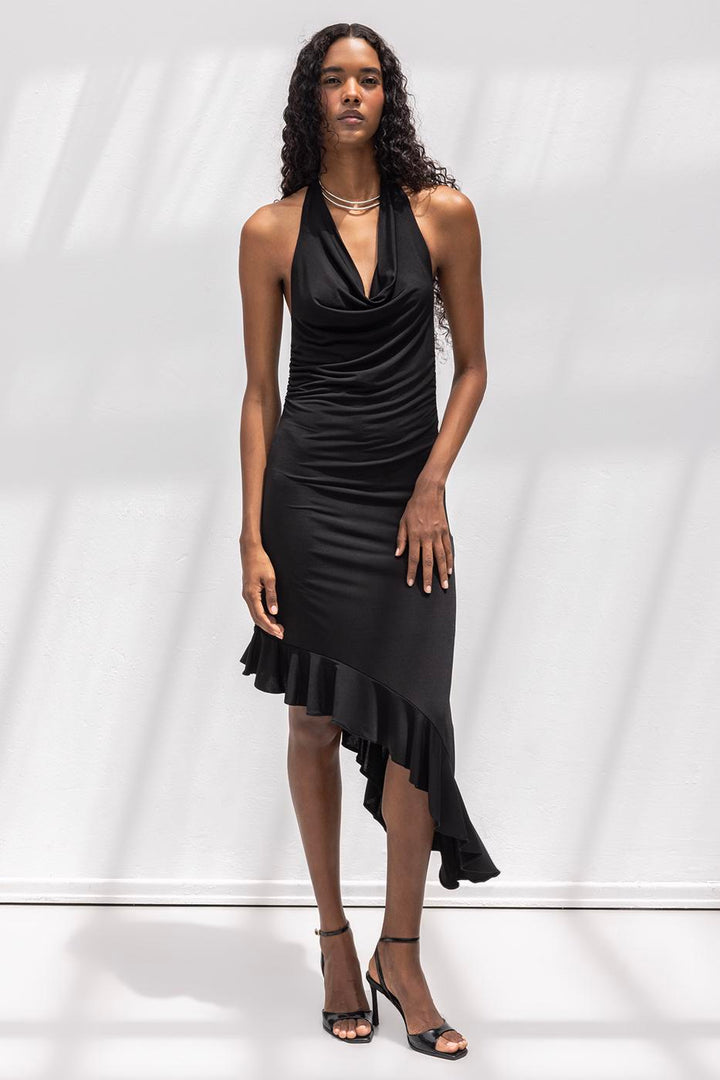 BSL Women Cowl Neck Asymmetrical Skirt Detailed Midi Dress - Umán