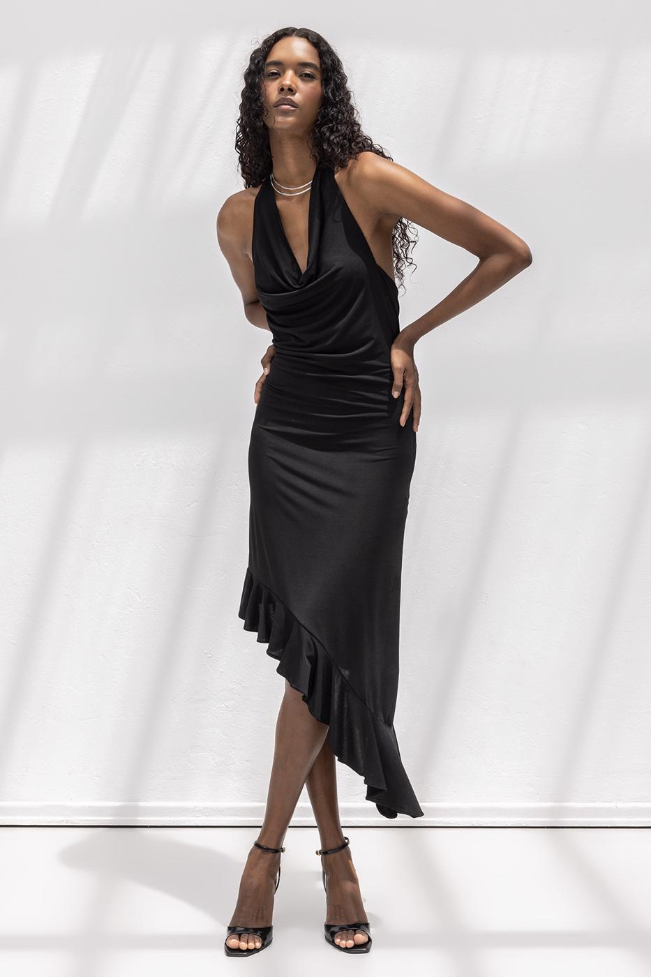 BSL Women Cowl Neck Asymmetrical Skirt Detailed Midi Dress - Umán