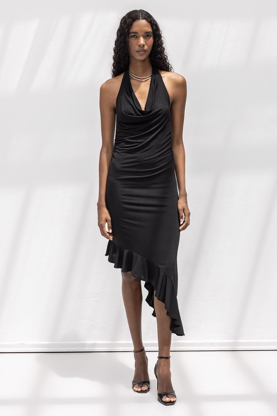 BSL Women Cowl Neck Asymmetrical Skirt Detailed Midi Dress - Umán