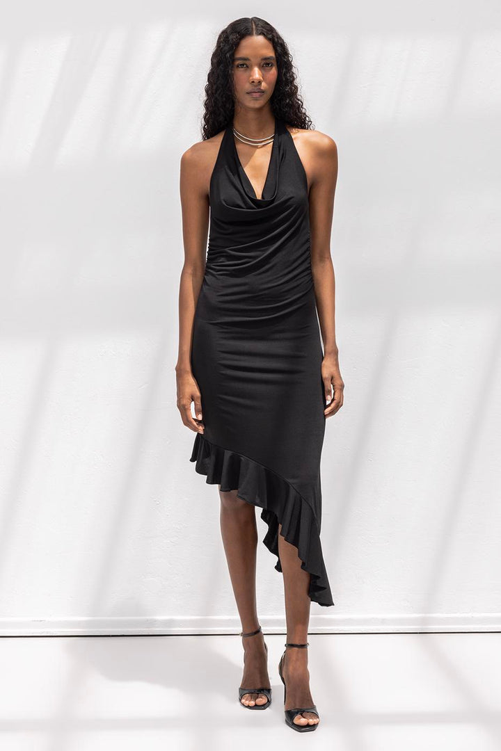 BSL Women Cowl Neck Asymmetrical Skirt Detailed Midi Dress - Umán