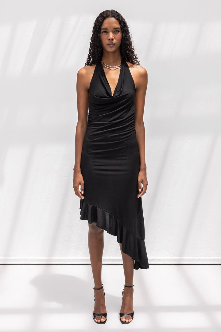 BSL Women Cowl Neck Asymmetrical Skirt Detailed Midi Dress - Umán