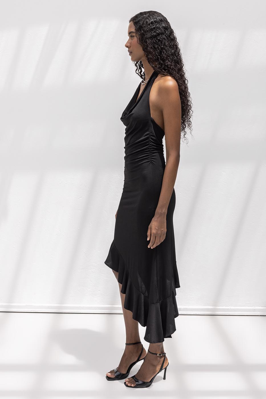 BSL Women Cowl Neck Asymmetrical Skirt Detailed Midi Dress - Umán