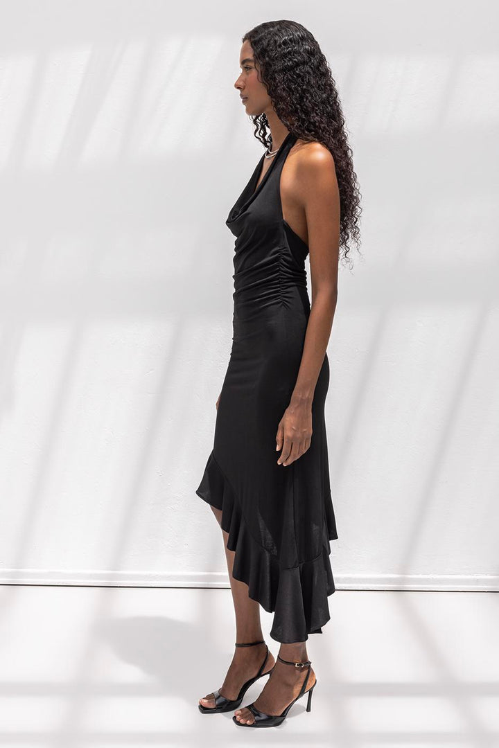 BSL Women Cowl Neck Asymmetrical Skirt Detailed Midi Dress - Umán
