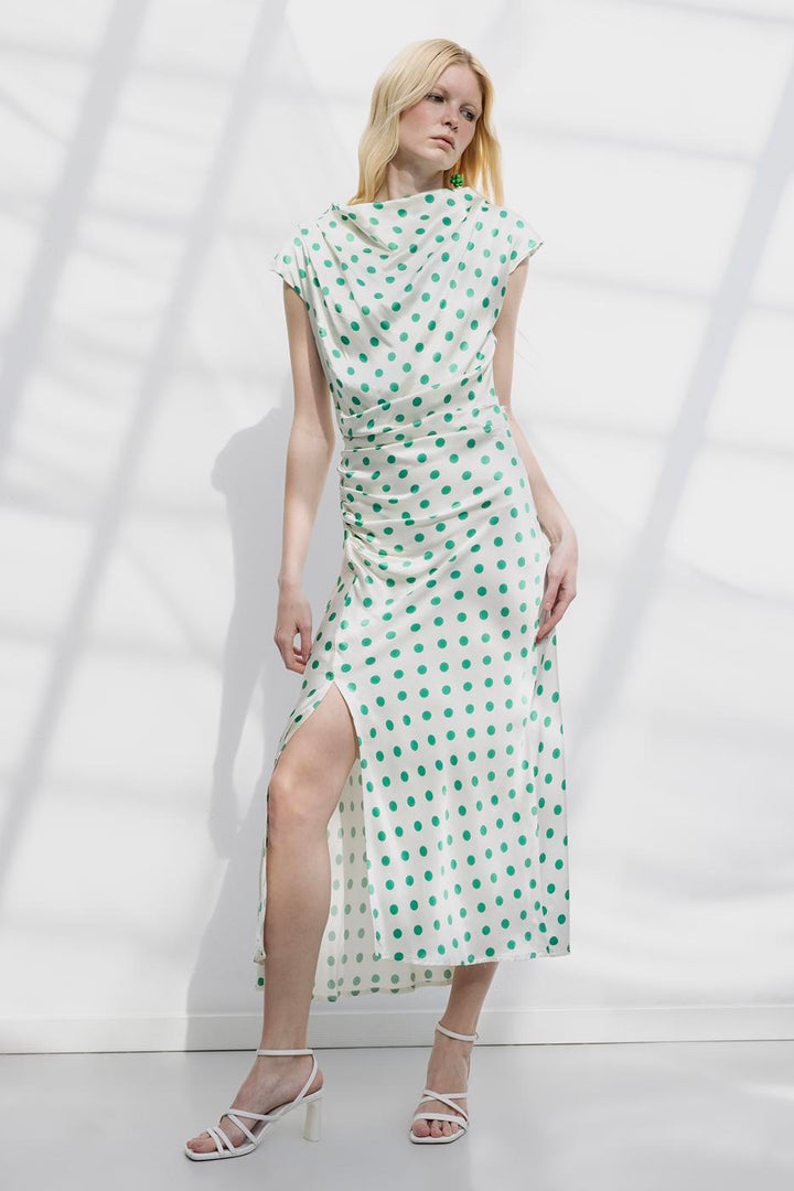 BSL Women Polka Dot Midi Dress with Plunging Collar - Toms River