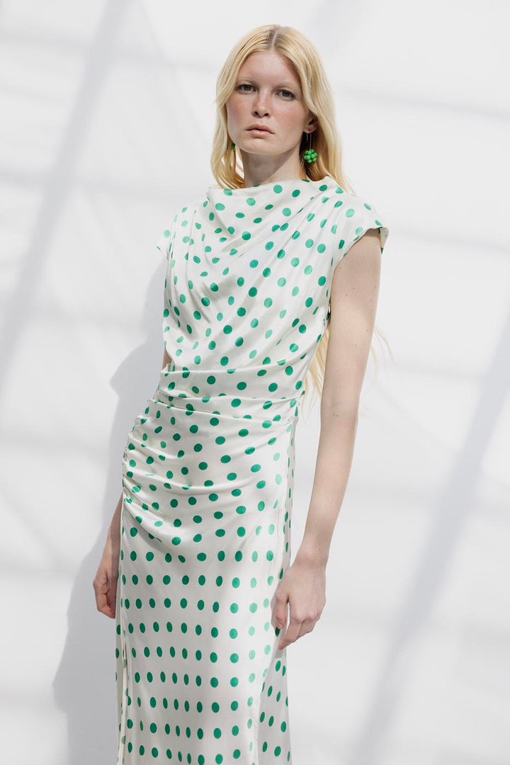 BSL Women Polka Dot Midi Dress with Plunging Collar - Toms River