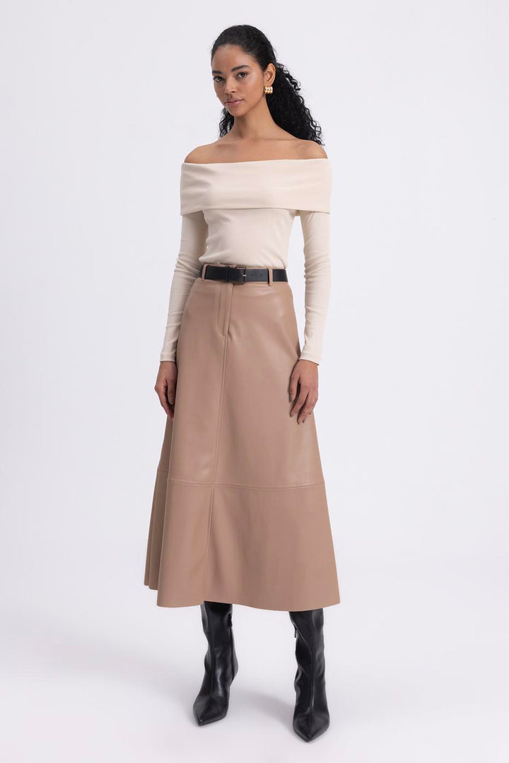 BSL Women Leather Flared Midi Skirt - Le Havre