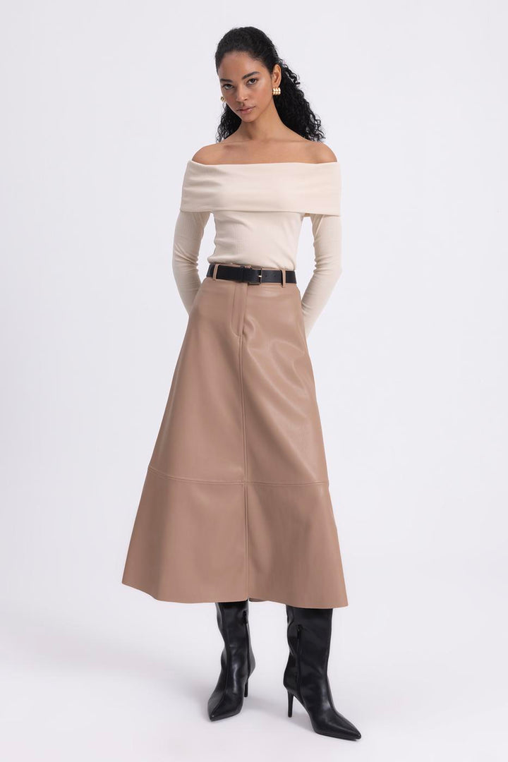 BSL Women Leather Flared Midi Skirt - Le Havre