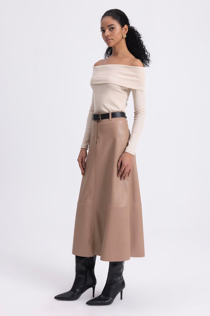 BSL Women Leather Flared Midi Skirt - Le Havre