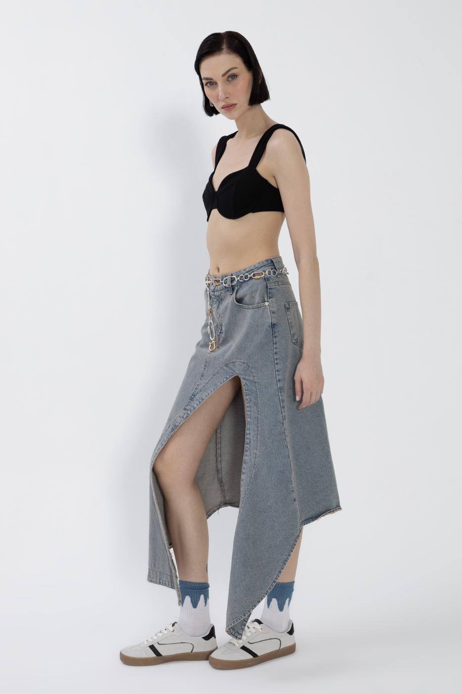 BSL Women Denim Midi Skirt with Deep Asymmetrical Slit - Greer