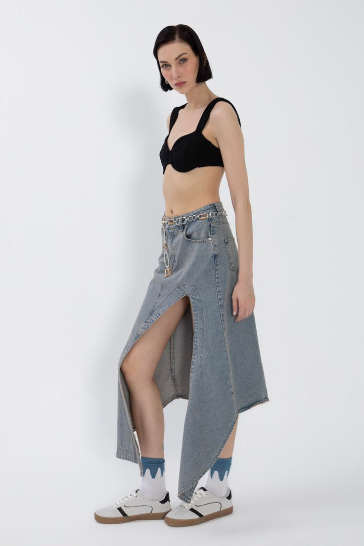 BSL Women Denim Midi Skirt with Deep Asymmetrical Slit - Greer