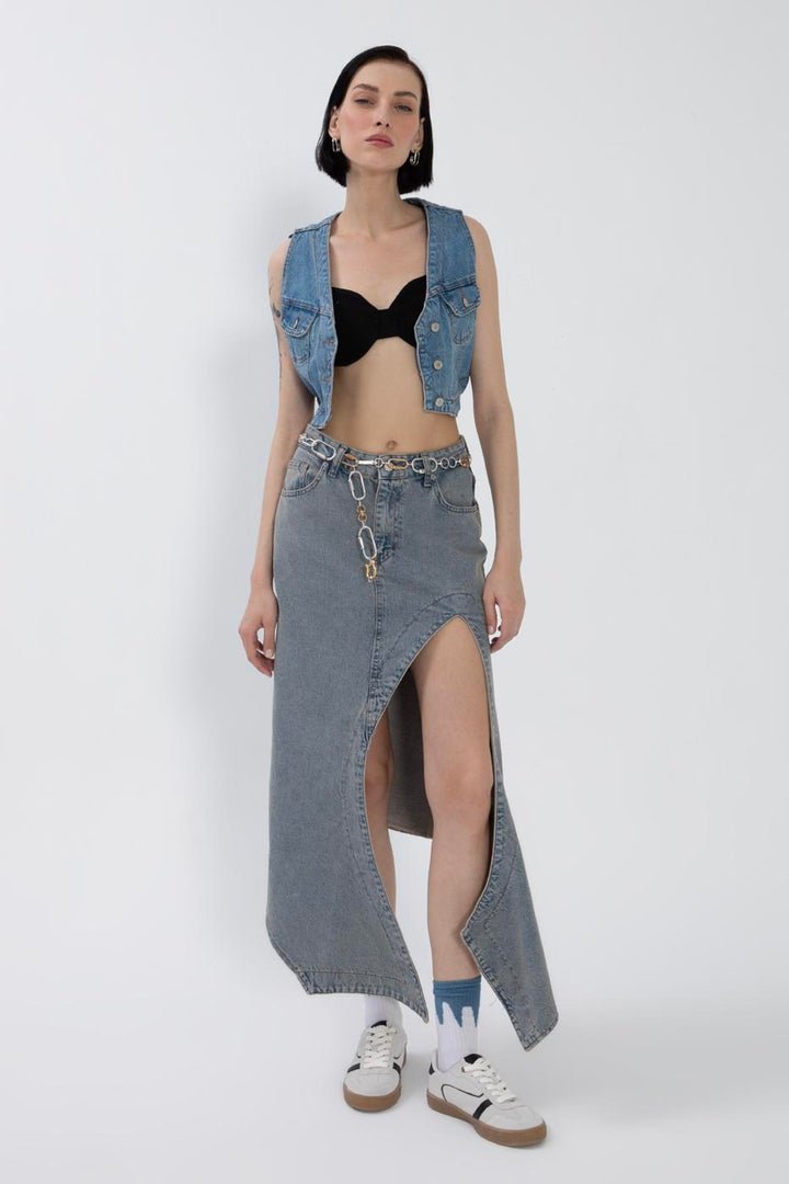 BSL Women Denim Midi Skirt with Deep Asymmetrical Slit - Greer