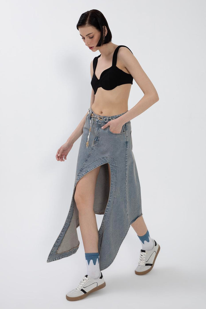 BSL Women Denim Midi Skirt with Deep Asymmetrical Slit - Greer