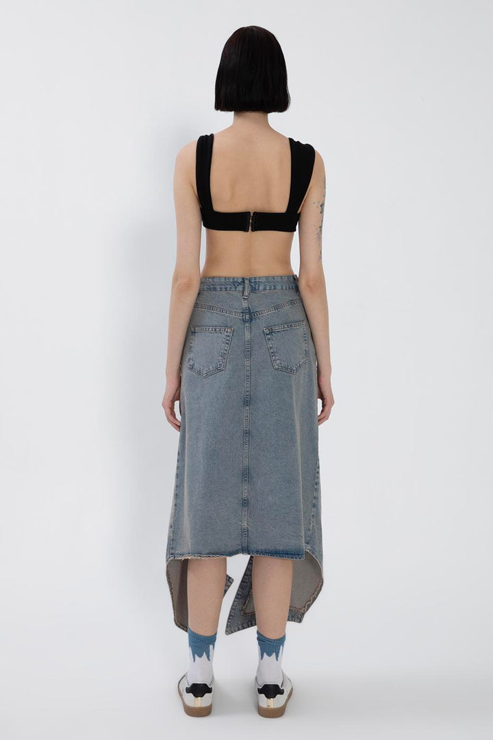 BSL Women Denim Midi Skirt with Deep Asymmetrical Slit - Greer
