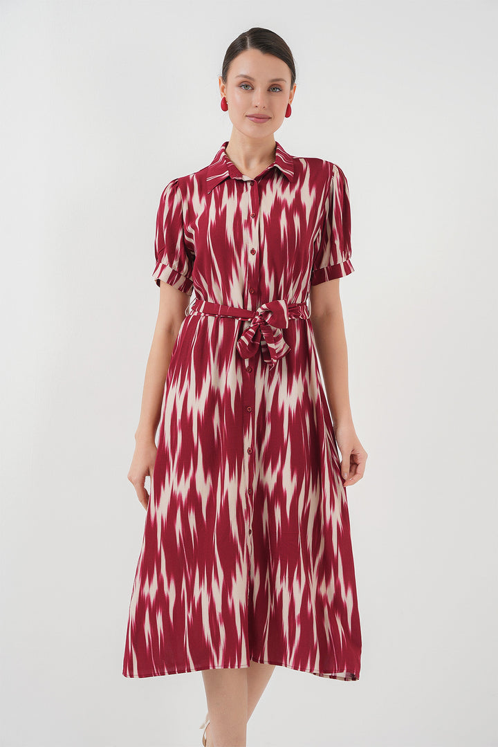 BGD Women Patterned Short Sleeve Dress 2532 - Burgundy - East Brunswick