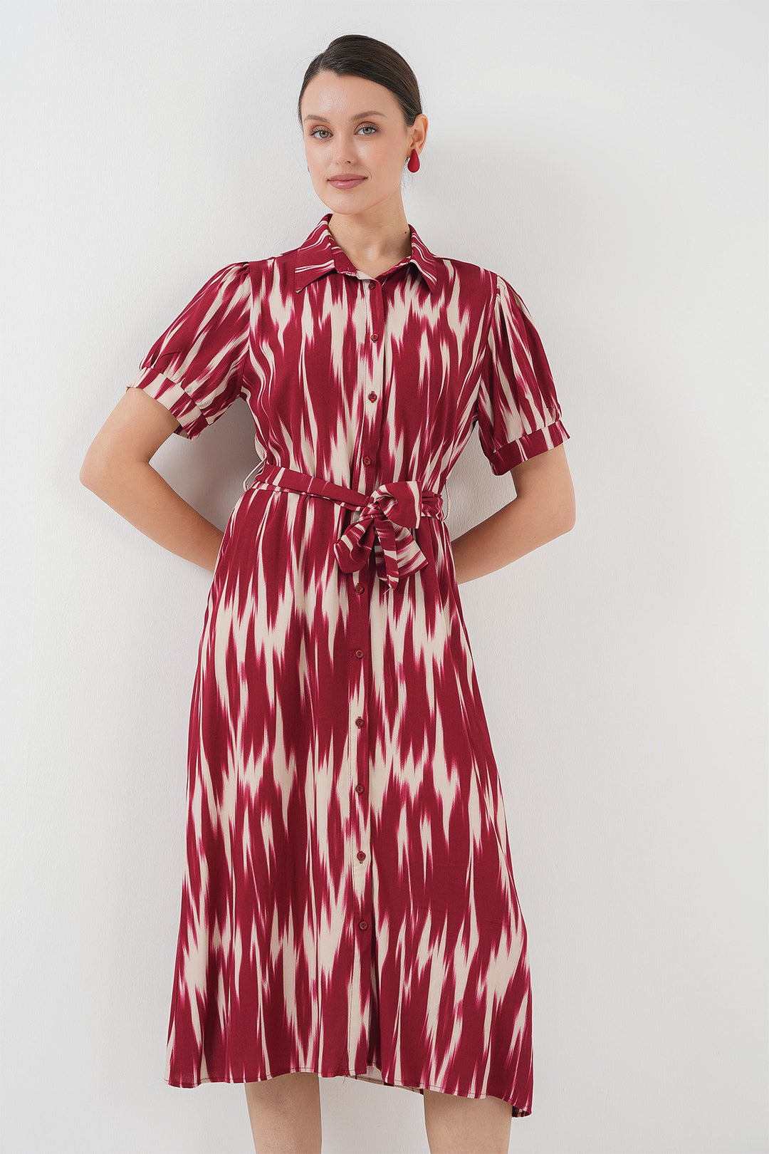 BGD Women Patterned Short Sleeve Dress 2532 - Burgundy - East Brunswick