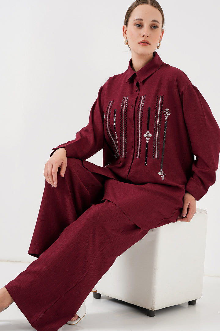 BGD Women Patterned Tunic Pants Set 6720 - Burgundy - Khartsyzk
