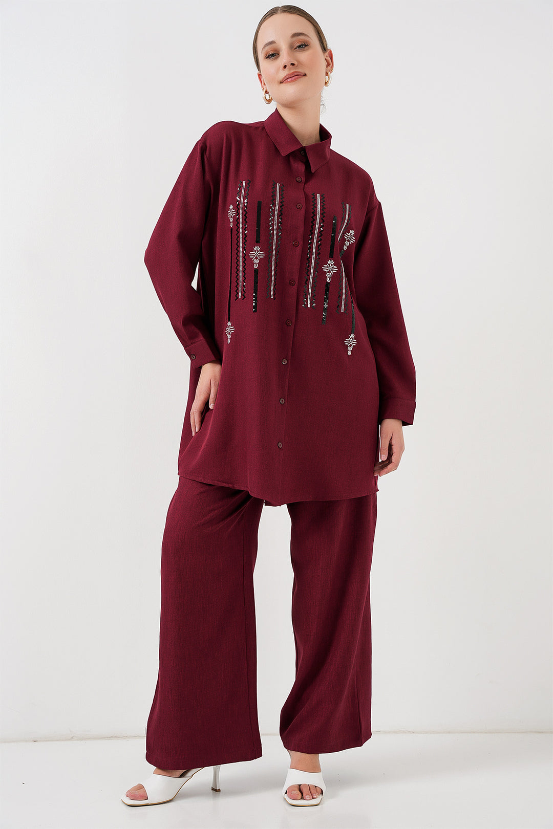BGD Women Patterned Tunic Pants Set 6720 - Burgundy - Khartsyzk