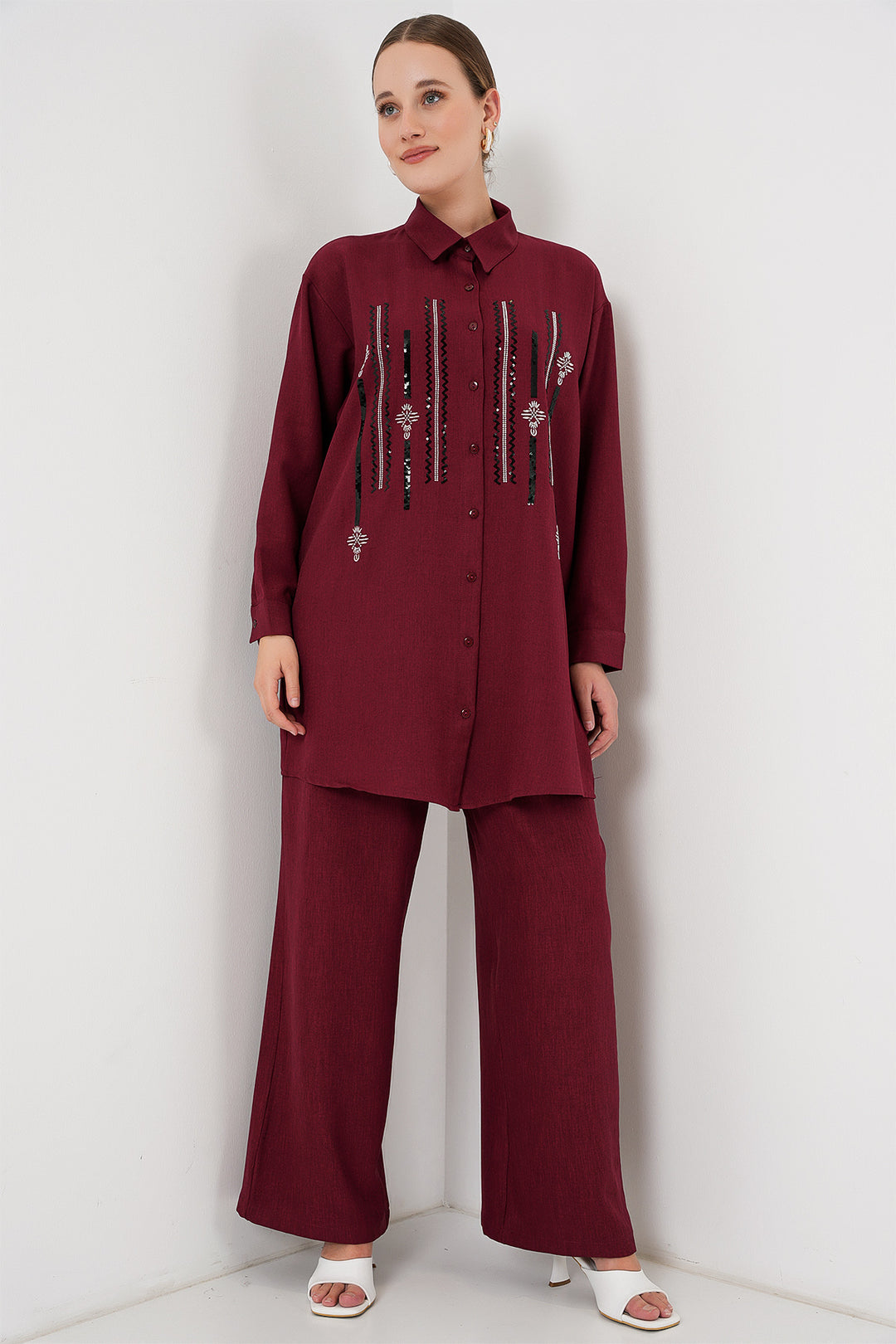 BGD Women Patterned Tunic Pants Set 6720 - Burgundy - Khartsyzk