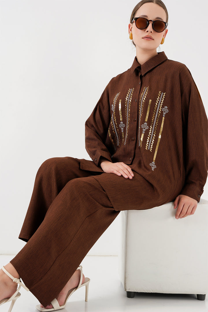BGD Women Patterned Tunic Pants Set 6720 - Brown - Sioux Falls