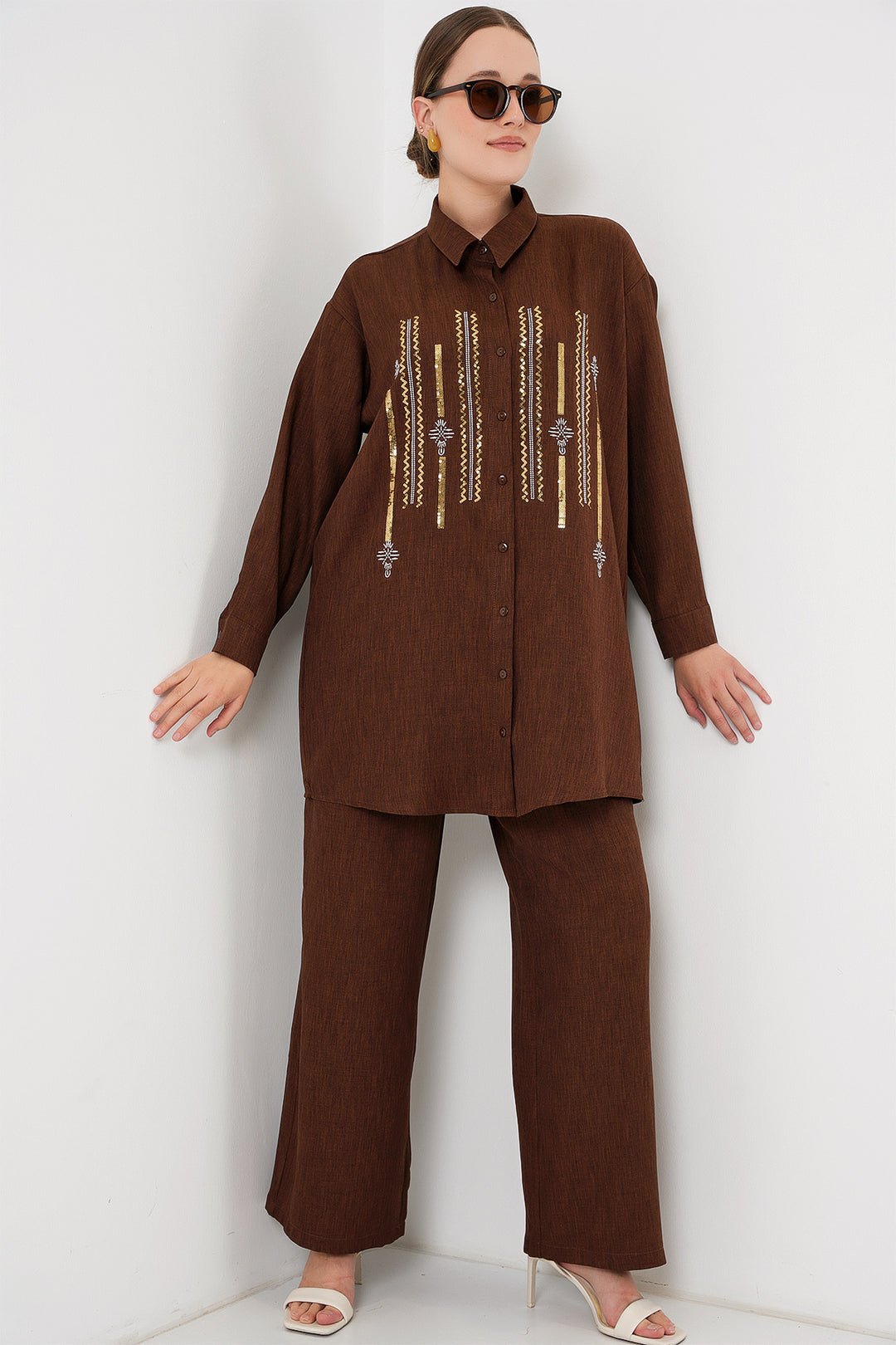 BGD Women Patterned Tunic Pants Set 6720 - Brown - Sioux Falls