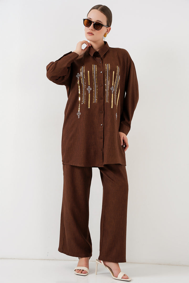 BGD Women Patterned Tunic Pants Set 6720 - Brown - Sioux Falls