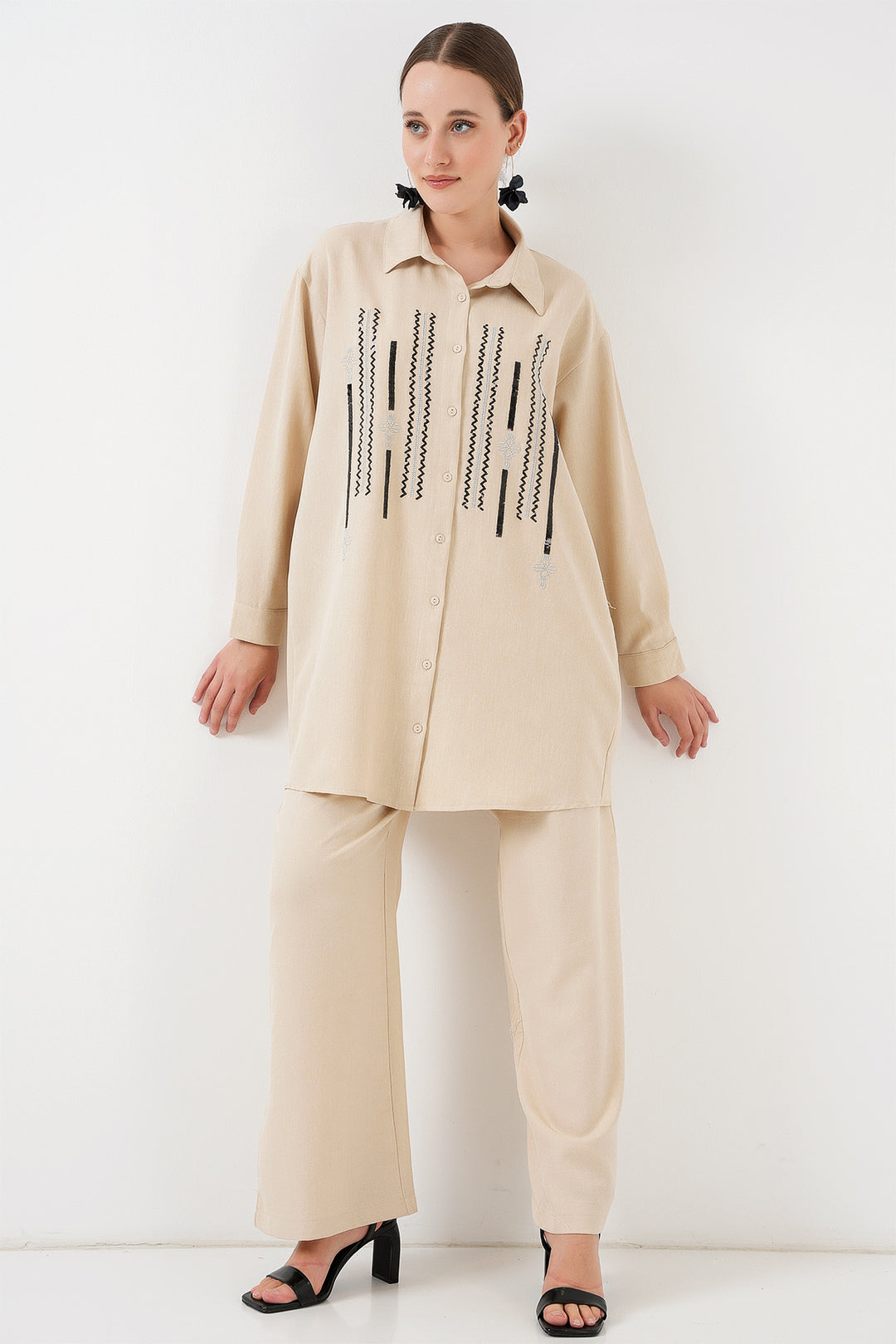 BGD Women Patterned Tunic Pants Set 6720 - Cream - Richmond