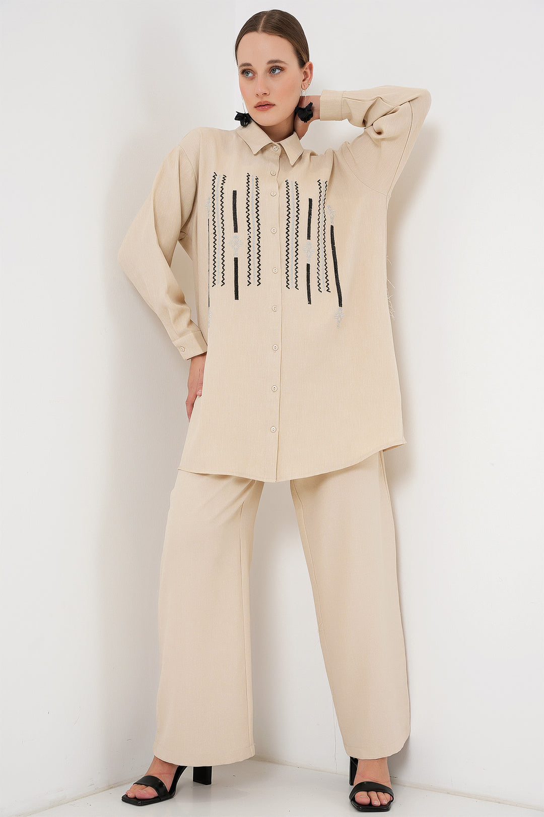 BGD Women Patterned Tunic Pants Set 6720 - Cream - Richmond