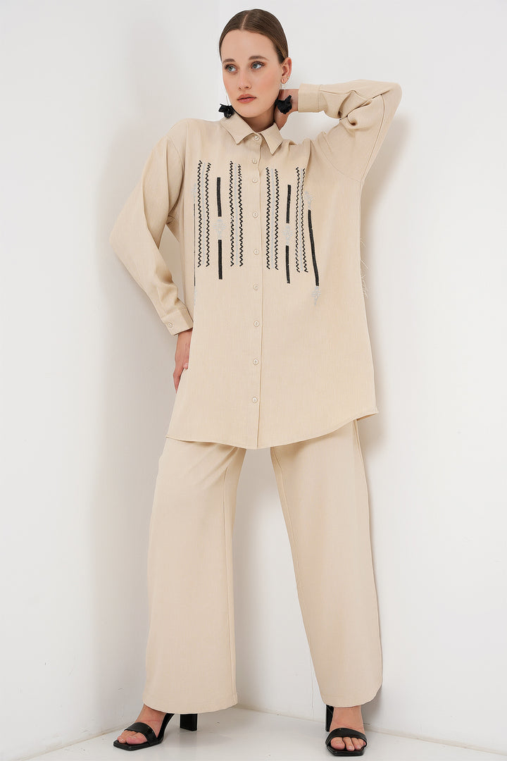 BGD Women Patterned Tunic Pants Set 6720 - Cream - Richmond