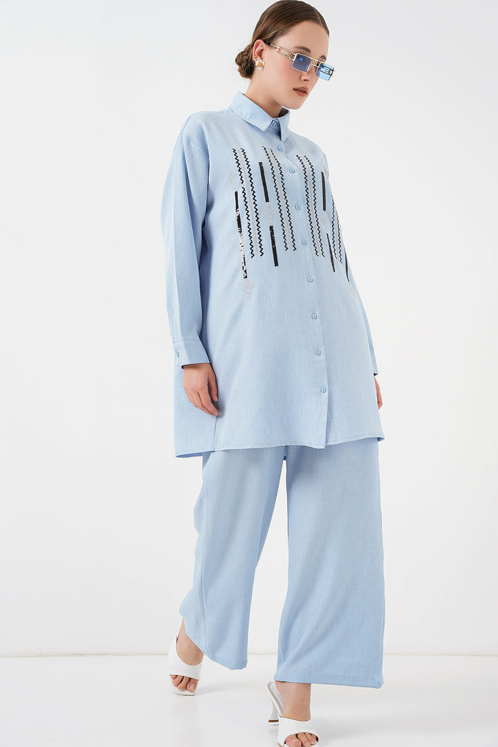 BGD Women Patterned Tunic Pants Set 6720 - Blue - Tarbes