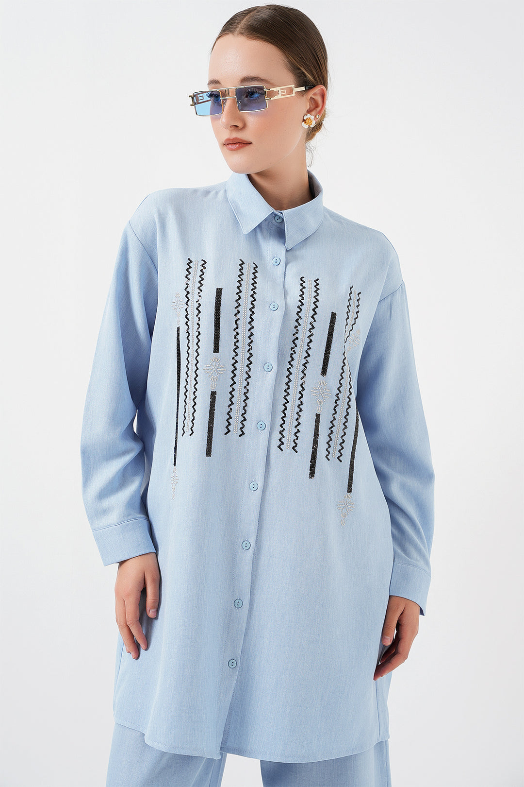 BGD Women Patterned Tunic Pants Set 6720 - Blue - Tarbes