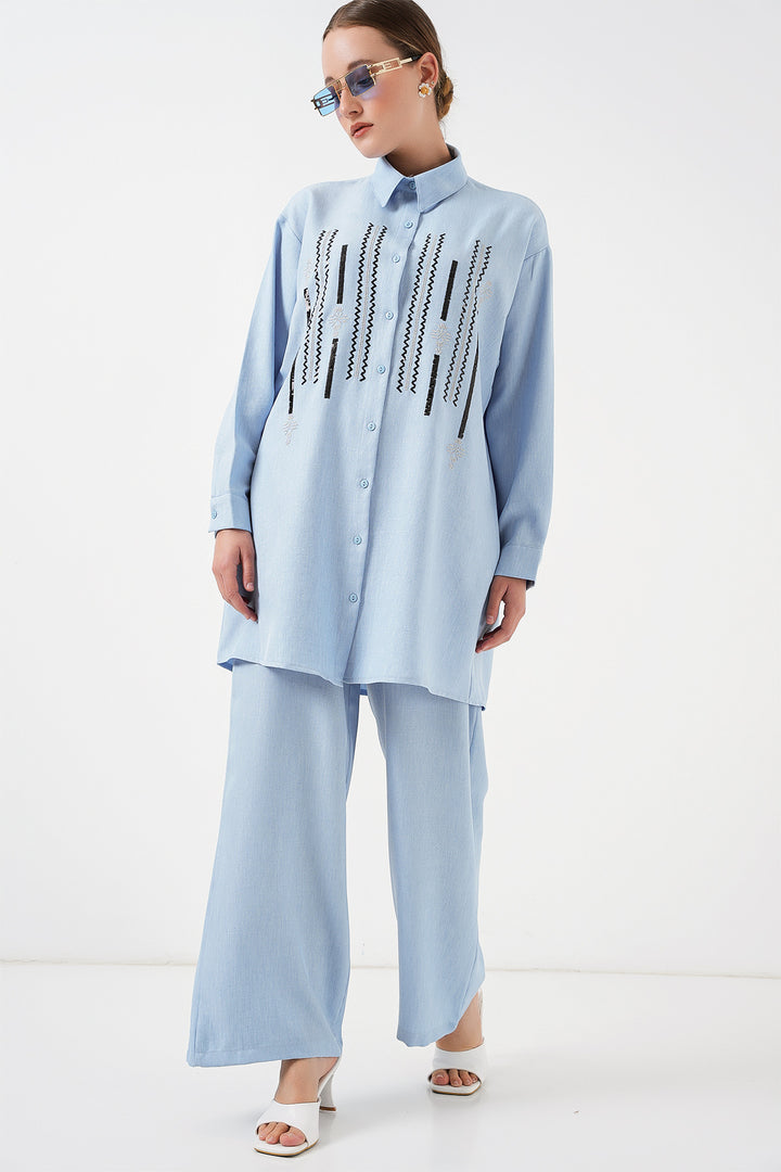 BGD Women Patterned Tunic Pants Set 6720 - Blue - Tarbes