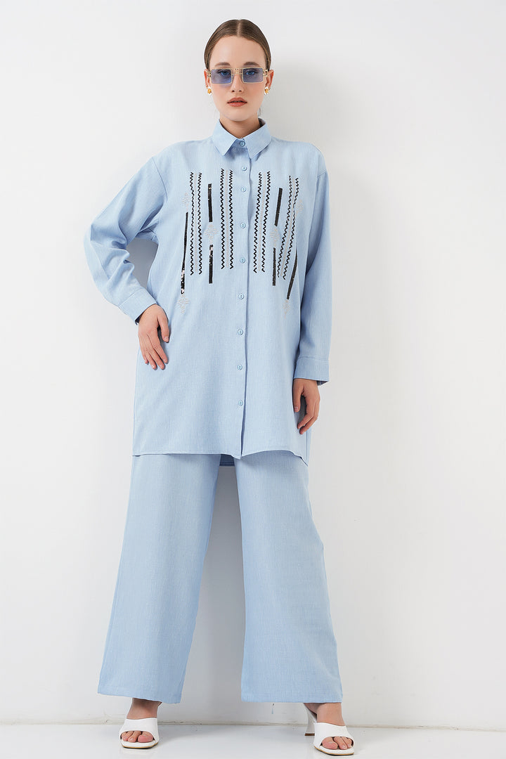 BGD Women Patterned Tunic Pants Set 6720 - Blue - Tarbes