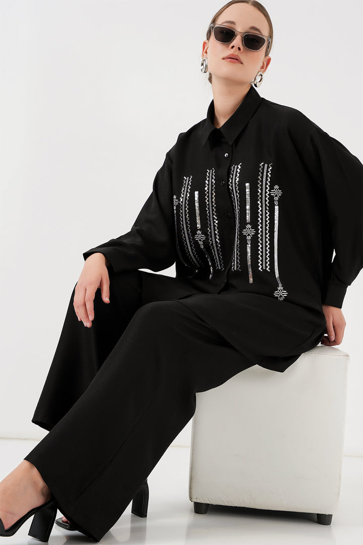 BGD Women Patterned Tunic Pants Set 6720 - Black - La Seyne-sur-Mer