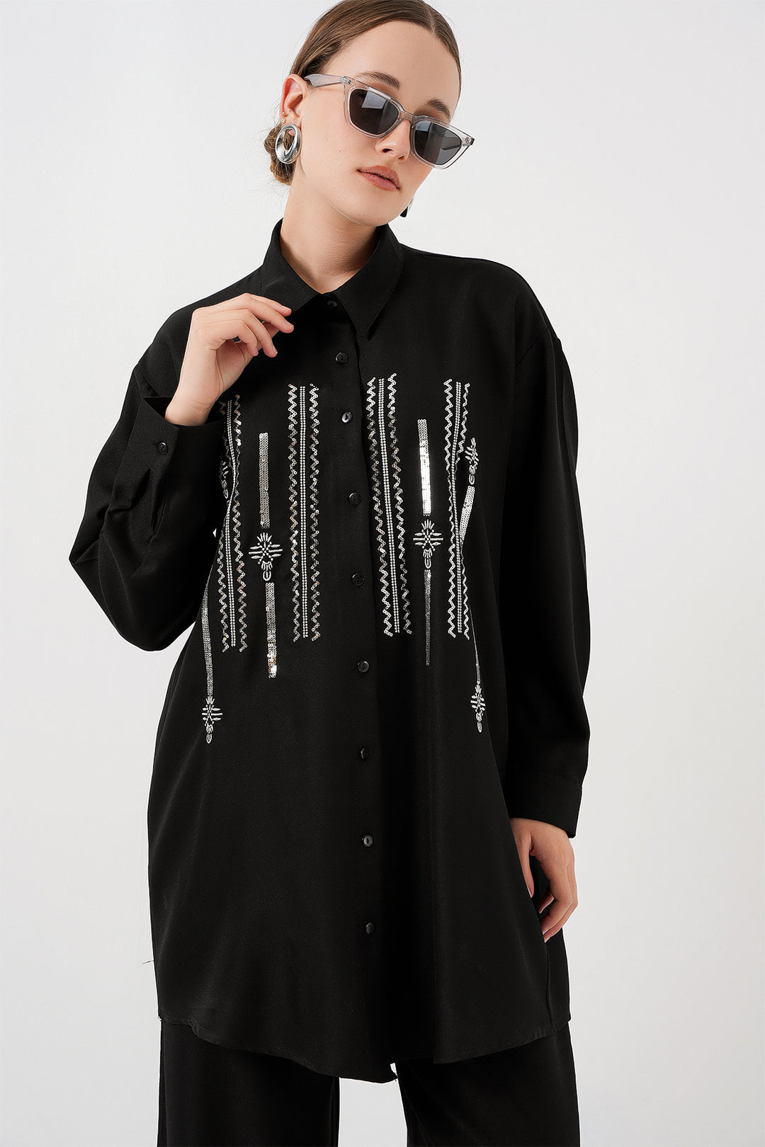 BGD Women Patterned Tunic Pants Set 6720 - Black - La Seyne-sur-Mer