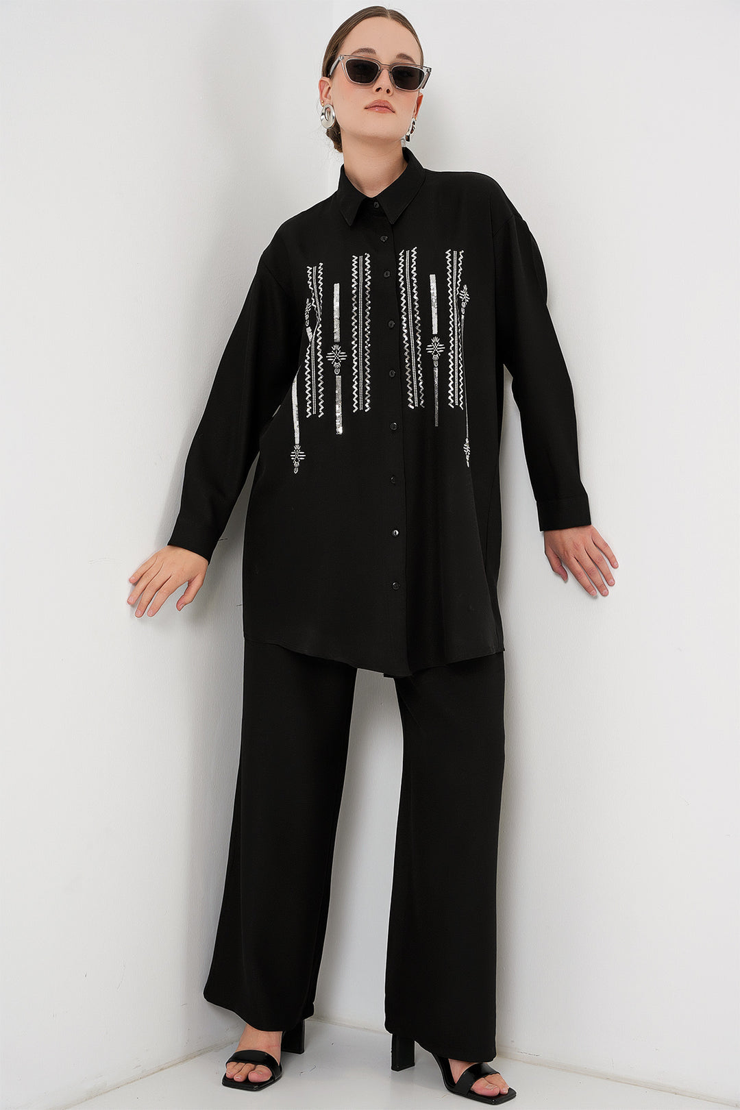 BGD Women Patterned Tunic Pants Set 6720 - Black - La Seyne-sur-Mer