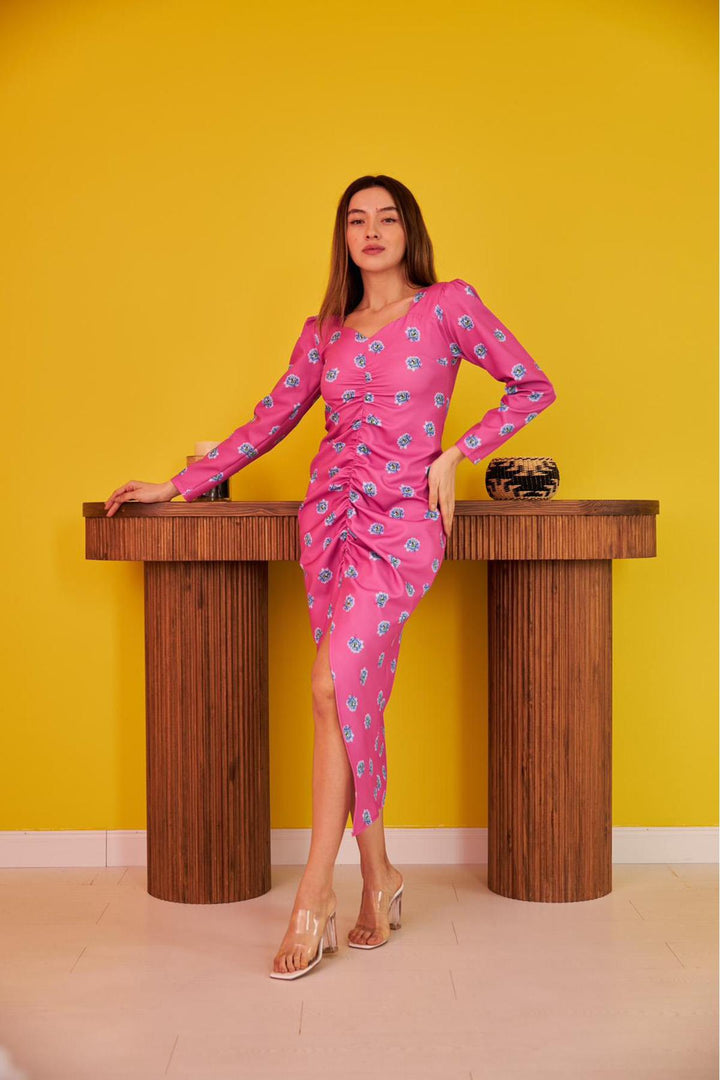 ELS Patterned and Ruched Dress - Fuchsia - Palenque
